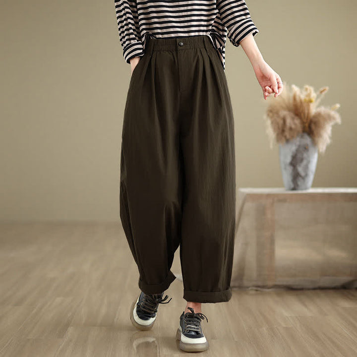 Pantaloni da donna con elastico in vita, casual, tinta unita, con un bottone superiore e tasche , Buddha Stones - image 3