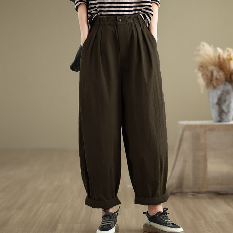 Pantaloni da donna con elastico in vita, casual, tinta unita, con un bottone superiore e tasche , Buddha Stones - image 1