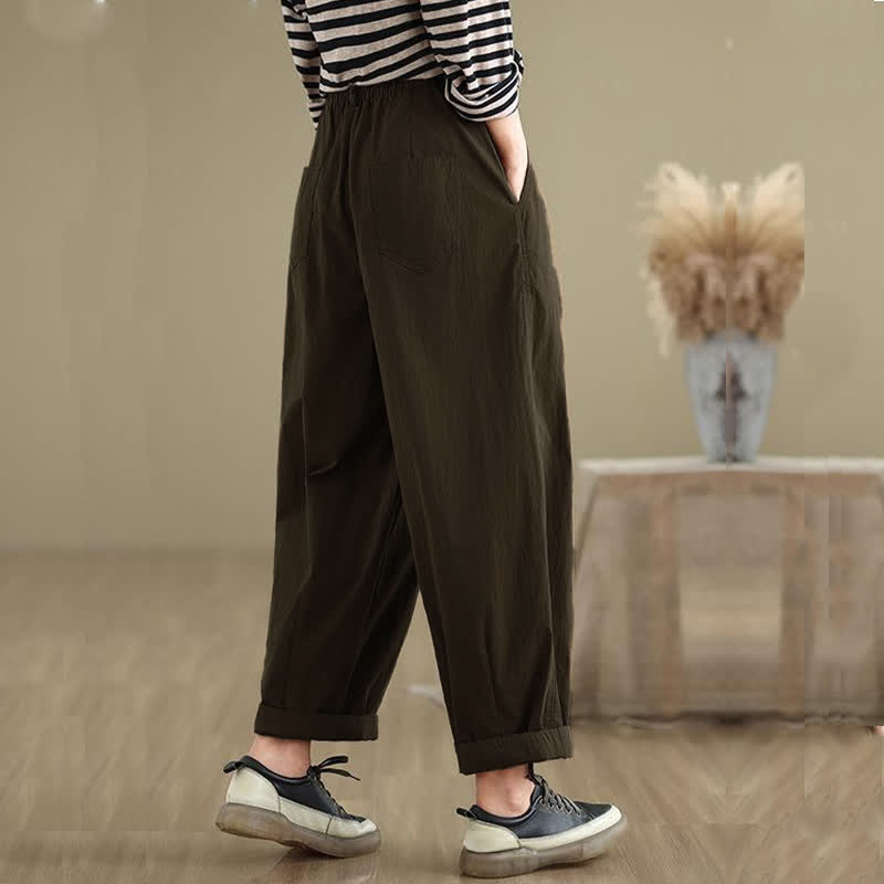 Pantaloni da donna con elastico in vita, casual, tinta unita, con un bottone superiore e tasche , Buddha Stones - image 4