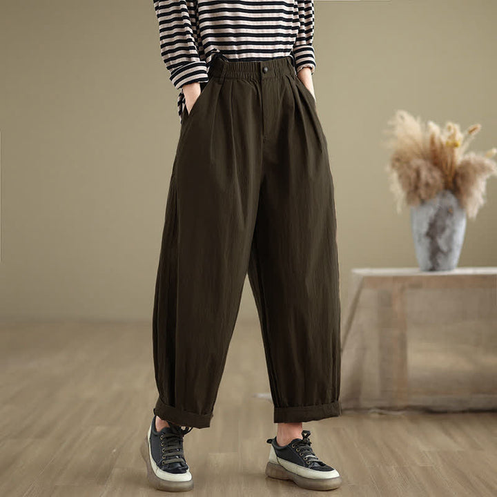 Pantaloni da donna con elastico in vita, casual, tinta unita, con un bottone superiore e tasche , Buddha Stones - Marrone sella - US8-10, UK/AU12-14, EU40-42 (2XL) - image 0