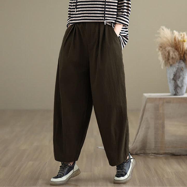 Pantaloni da donna con elastico in vita, casual, tinta unita, con un bottone superiore e tasche , Buddha Stones - image 2