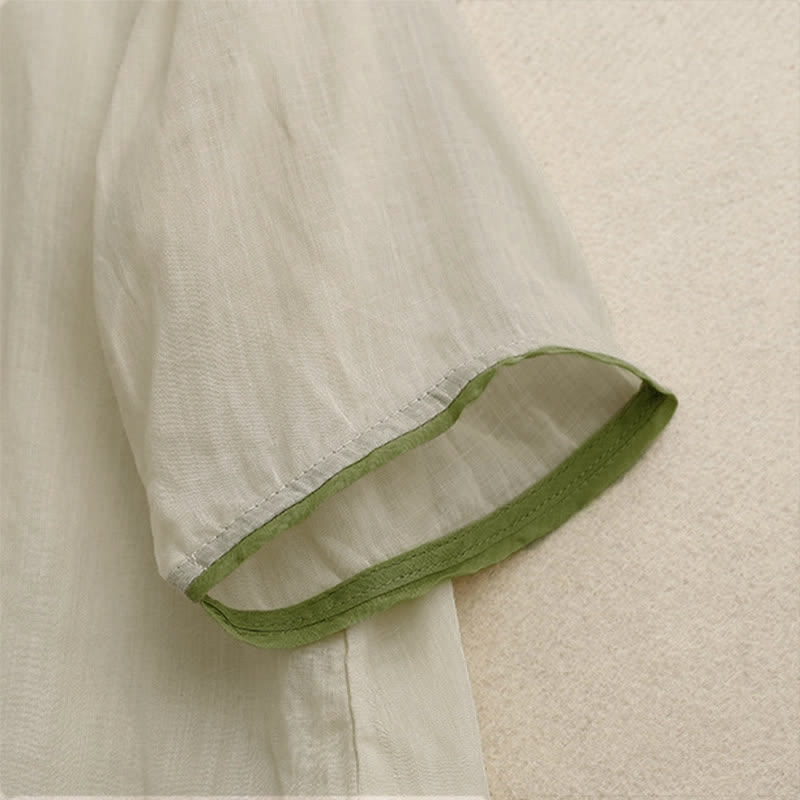 Camicia da donna a maniche a tre quarti con scollo rotondo e ricamo floreale a foglie verdi, colore beige Buddha Stones. - image 3