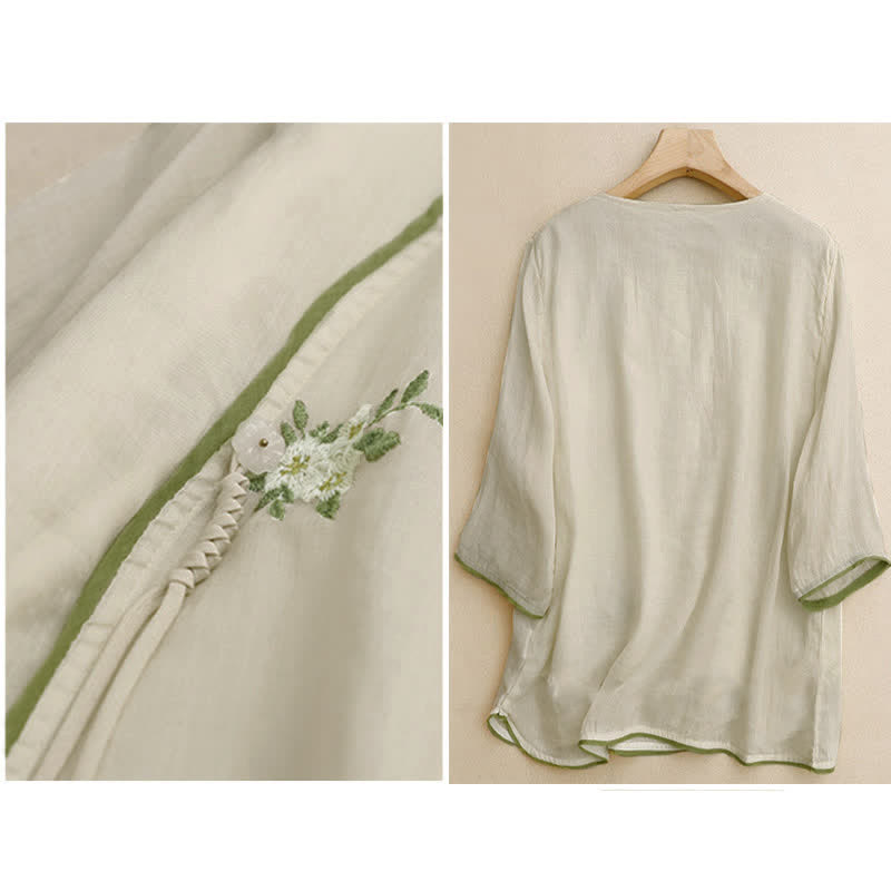 Camicia da donna a maniche a tre quarti con scollo rotondo e ricamo floreale a foglie verdi, colore beige Buddha Stones. - image 1