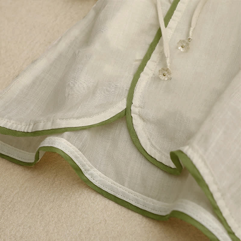 Camicia da donna a maniche a tre quarti con scollo rotondo e ricamo floreale a foglie verdi, colore beige Buddha Stones. - image 6