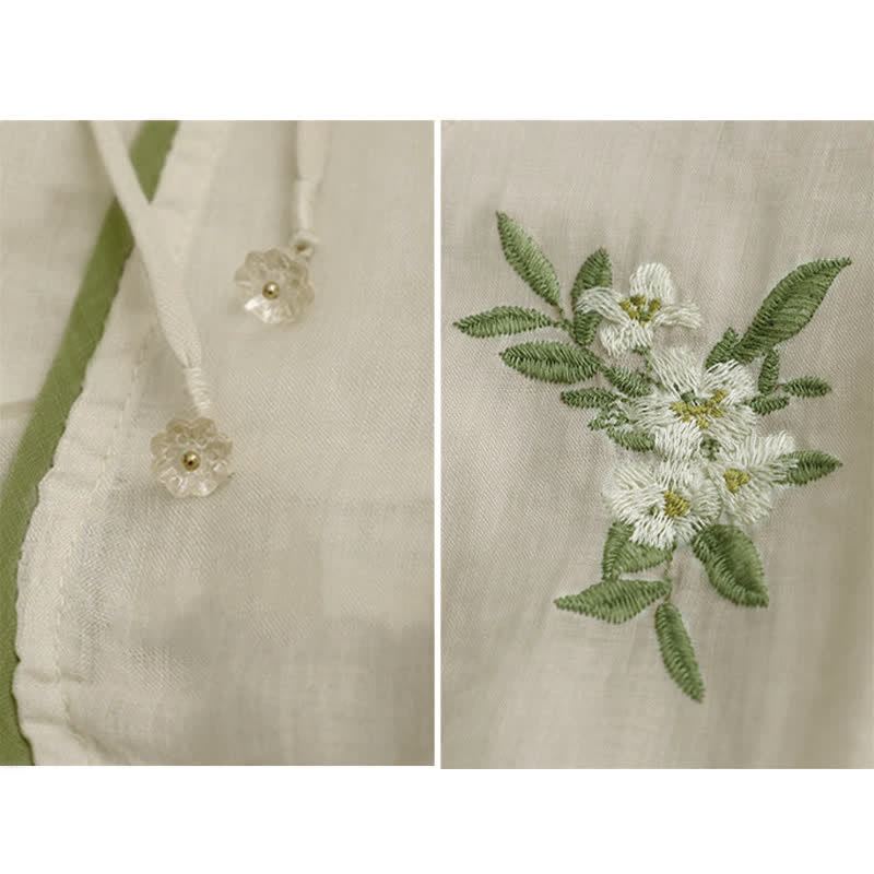 Camicia da donna a maniche a tre quarti con scollo rotondo e ricamo floreale a foglie verdi, colore beige Buddha Stones. - image 10