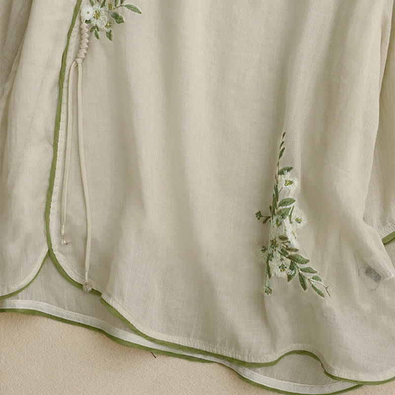 Camicia da donna a maniche a tre quarti con scollo rotondo e ricamo floreale a foglie verdi, colore beige Buddha Stones. - image 5