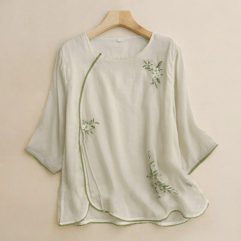 Camicia da donna a maniche a tre quarti con scollo rotondo e ricamo floreale a foglie verdi, colore beige Buddha Stones. - Beige - US12, UK/AU16, EU44 (2XL) - image 0
