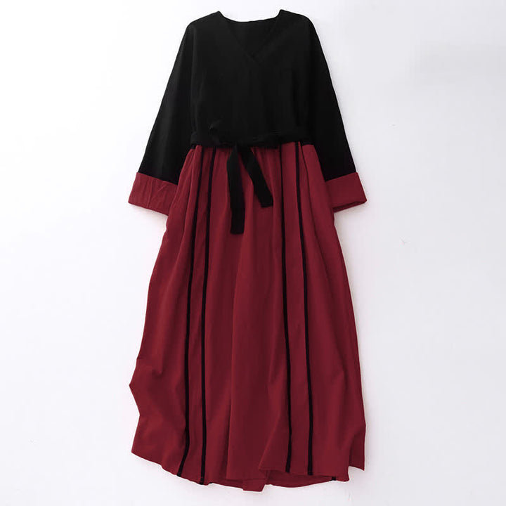 Abito midi da donna a maniche lunghe con tasche e design a blocchi di colore con motivo Buddha Stones allacciatura - Cremisi - US8-10, UK/AU12-14, EU40-42 (2XL) - image 0