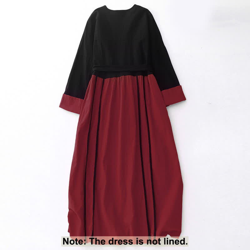 Abito midi da donna con maniche lunghe e tasche, motivo Buddha Stones, allacciato a blocchi di colore - image 1
