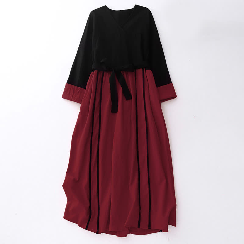 Abito midi da donna con maniche lunghe e tasche, motivo Buddha Stones, allacciato a blocchi di colore - Cremisi - US8-10, UK/AU12-14, EU40-42 (2XL) - image 0