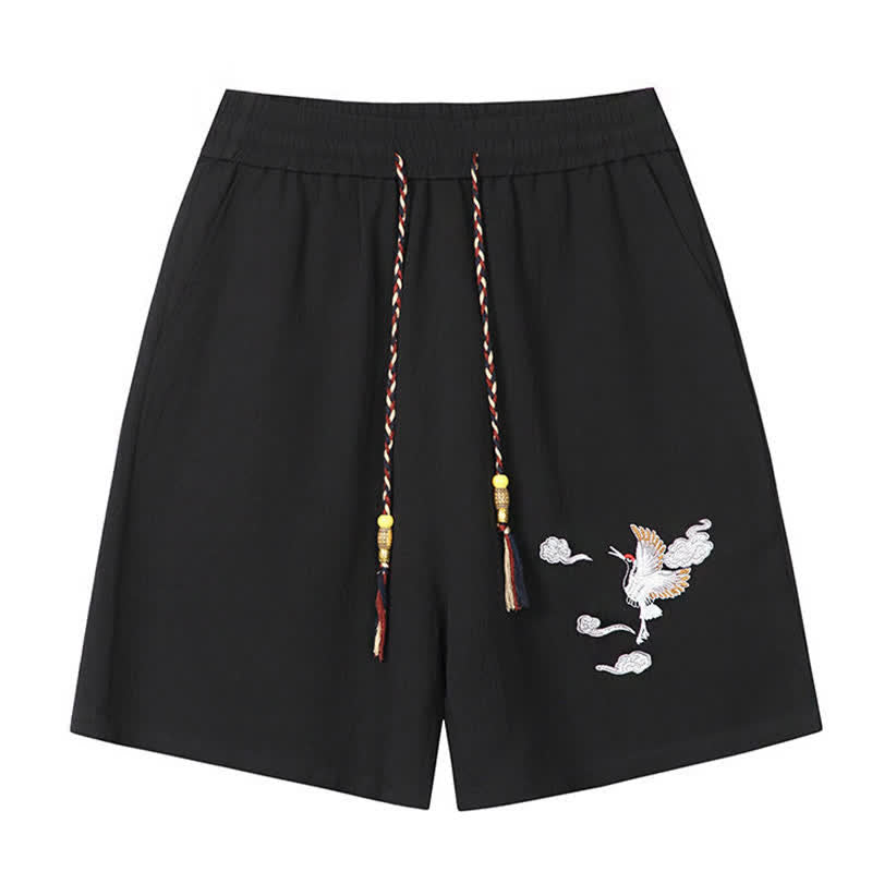 Buddha Stones Pantaloncini da uomo estivi casual in stile Tang con ricamo di gru e nuvole di buon auspicio, con tasche. - image 2