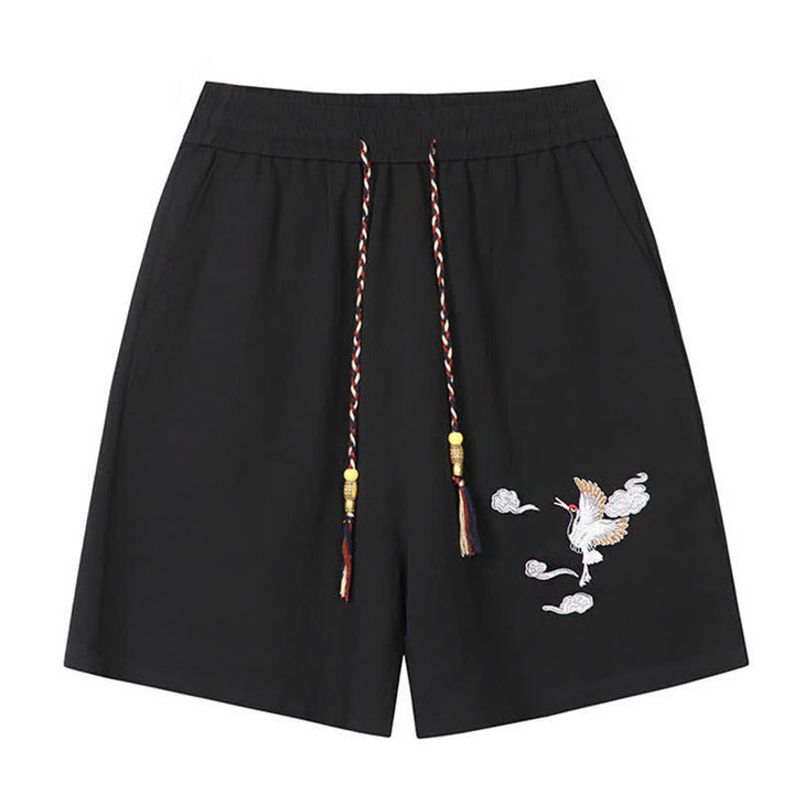 Buddha Stones Pantaloncini da uomo estivi casual in stile Tang con ricamo di gru e nuvole di buon auspicio, con tasche. - image 2