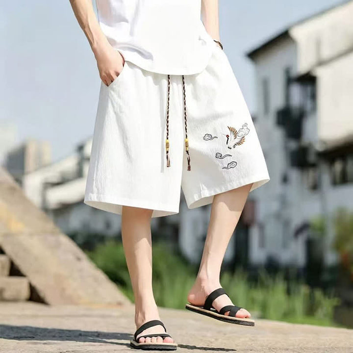 Buddha Stones Pantaloncini da uomo estivi casual in stile Tang con ricamo di gru e nuvole di buon auspicio, con tasche. - image 5