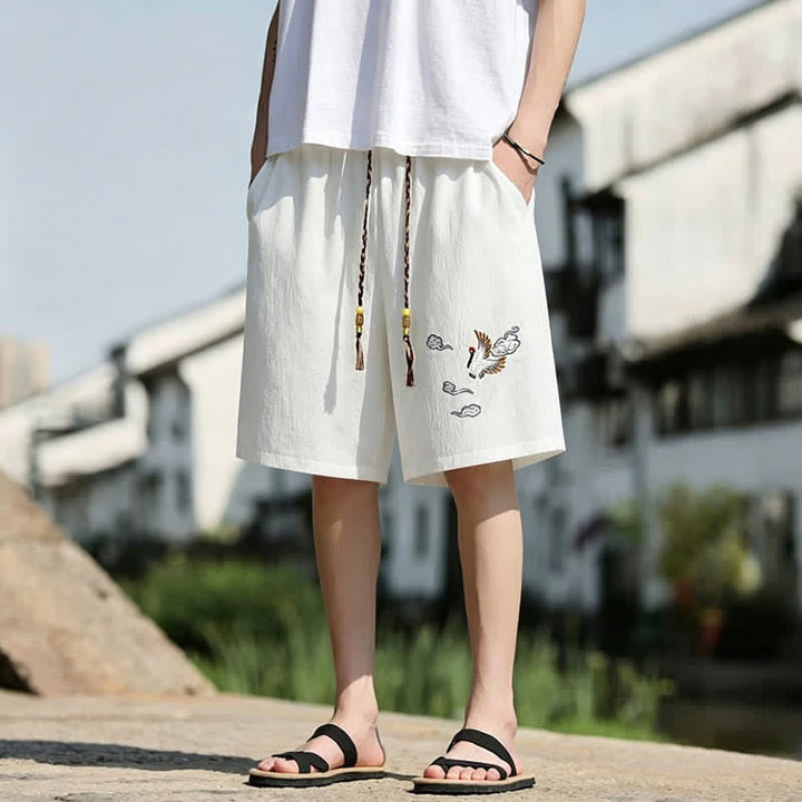 Buddha Stones Pantaloncini da uomo estivi casual in stile Tang con ricamo di gru e nuvole di buon auspicio, con tasche. - image 4