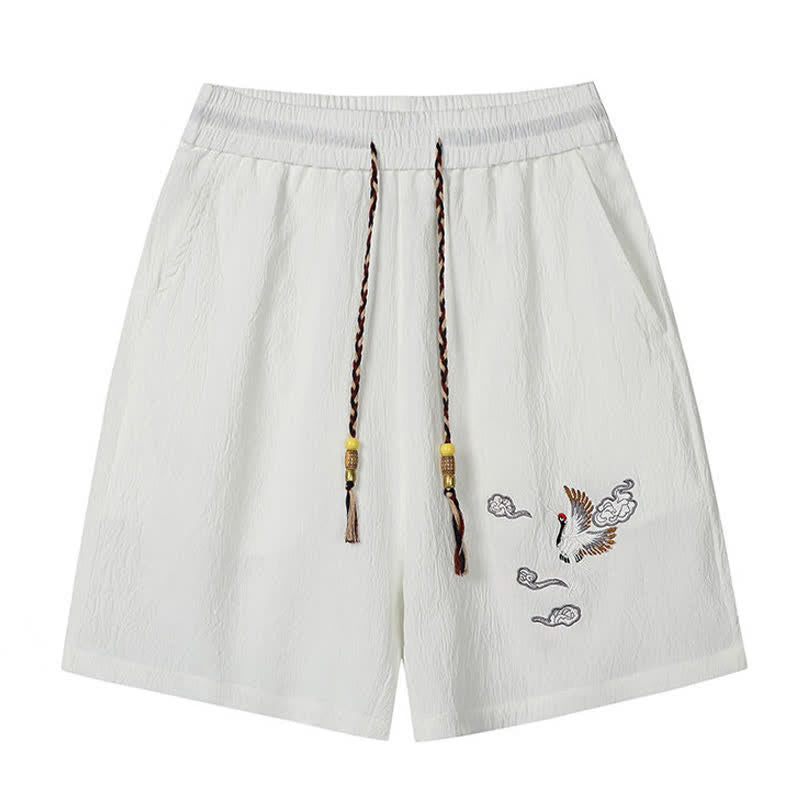 Buddha Stones Pantaloncini da uomo estivi casual in stile Tang con ricamo di gru e nuvole di buon auspicio, con tasche. - image 6