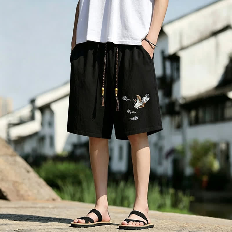 Buddha Stones Pantaloncini da uomo estivi casual in stile Tang con ricamo di gru e nuvole di buon auspicio, con tasche. - image 1