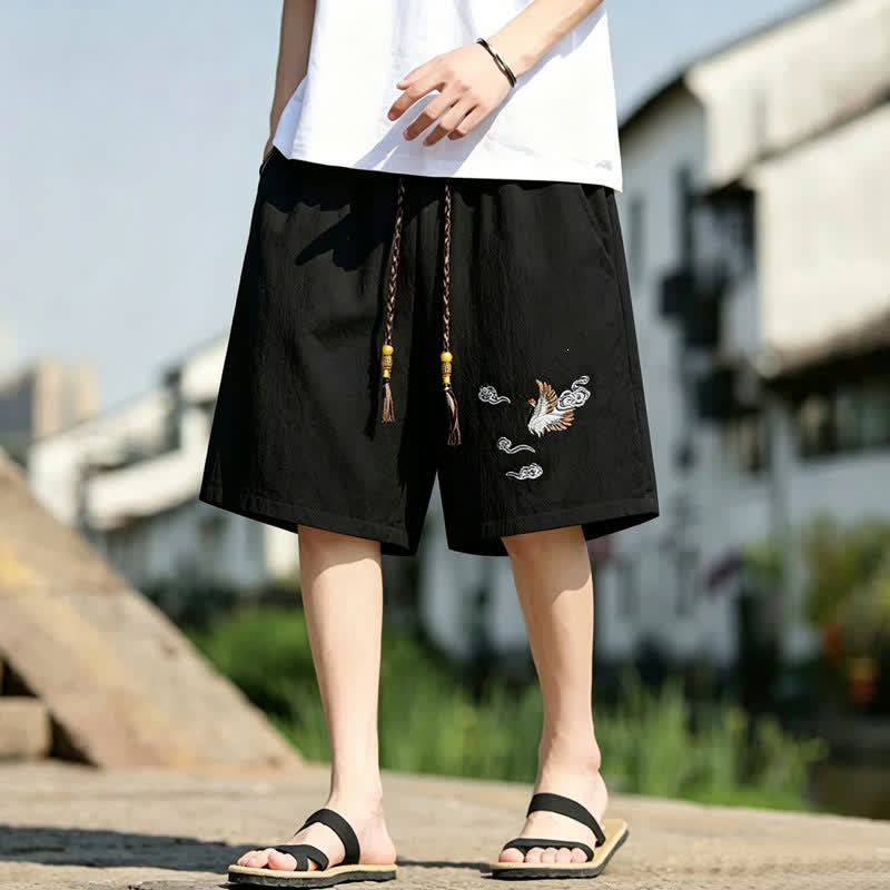 Buddha Stones Pantaloncini da uomo estivi casual in stile Tang con ricamo di gru e nuvole di buon auspicio, con tasche. - Nero - US/UK/AU48, EU58 (6XL) - image 0