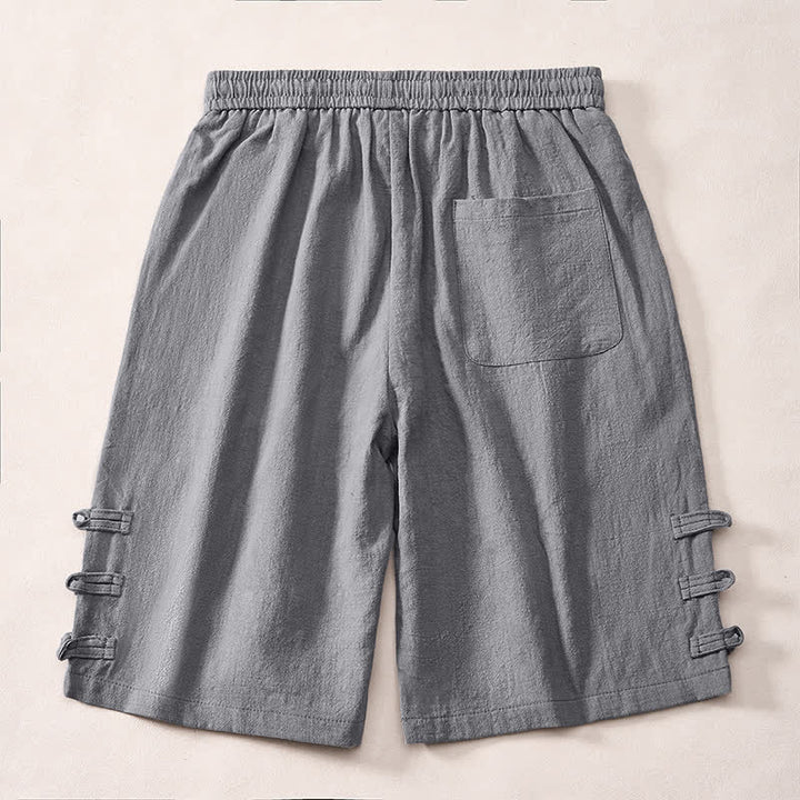 Buddha Stones Pantaloncini da uomo estivi casual minimalisti con coulisse, tinta unita, bottoni laterali decorativi a forma di rana e tasche. - image 1