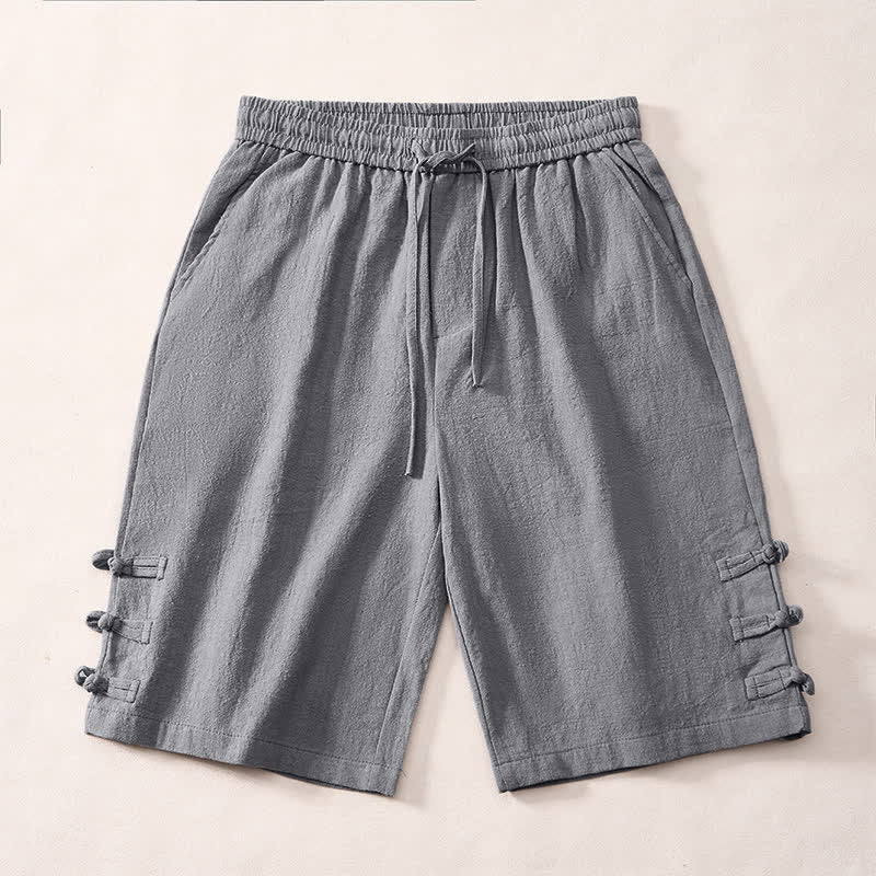Buddha Stones Pantaloncini da uomo estivi casual minimalisti con coulisse, tinta unita, bottoni laterali decorativi a forma di rana e tasche. - Grigio - US/UK/AU46, EU56 (5XL) - image 0