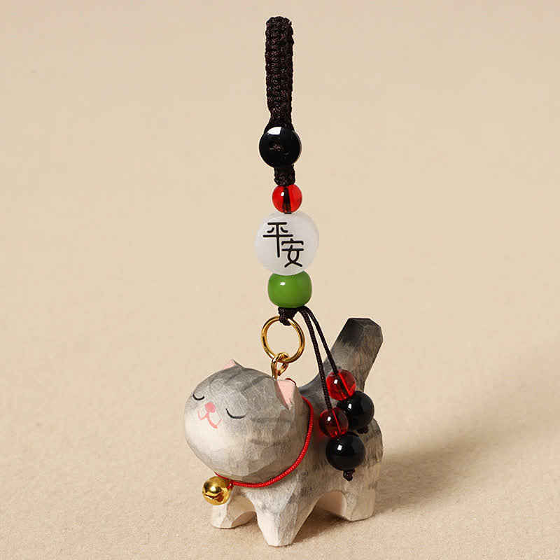 Buddha Stones Portachiavi in ​​legno intagliato con gatto, Om Mani, Padme Hum, Pace. - Gatto grigio pacifico - image 1