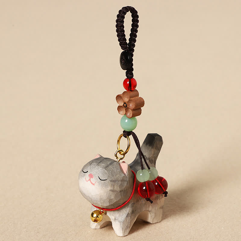 Buddha Stones Portachiavi in ​​legno intagliato con gatto, Om Mani, Padme Hum, Pace. - Gatto grigio - image 0