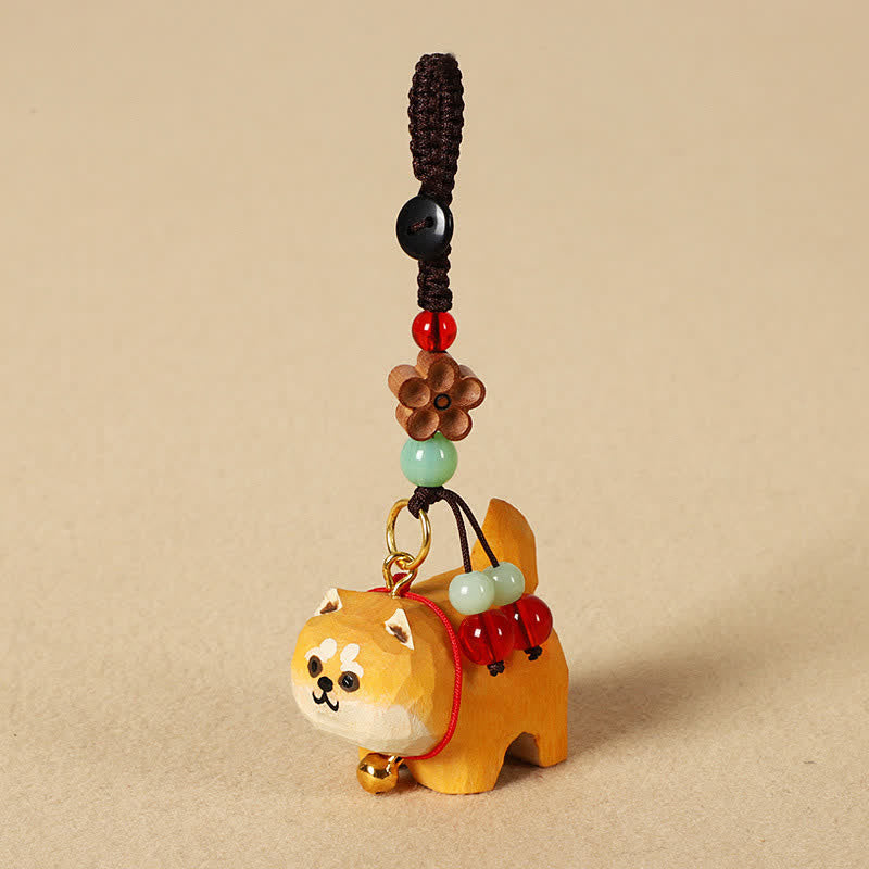 Buddha Stones Portachiavi in ​​legno intagliato con cane Om Mani Padme Hum Pace - Shiba Inu - image 1