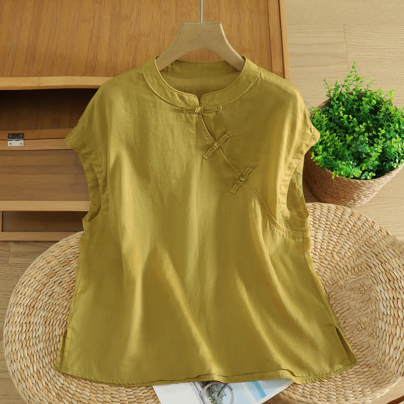 Buddha Stones Canotta da donna estiva stile Tang, casual, con bottoni a rana, tinta unita, senza maniche - Cachi scuro - US12, UK/AU16, EU44 (2XL) - image 0