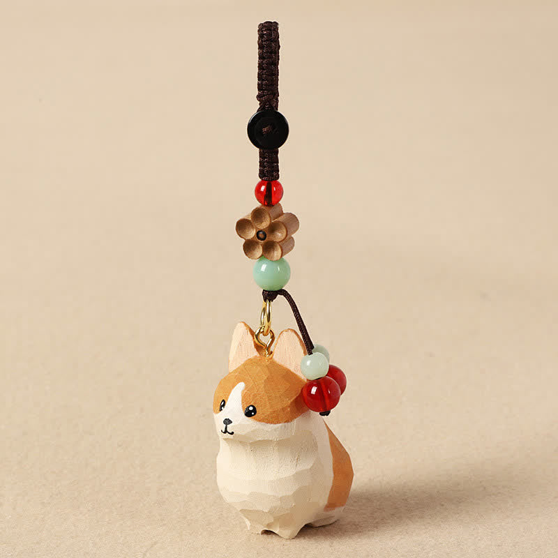 Buddha Stones Portachiavi in ​​legno intagliato con Corgi, Om Mani, Padme Hum e simbolo di pace. - image 1