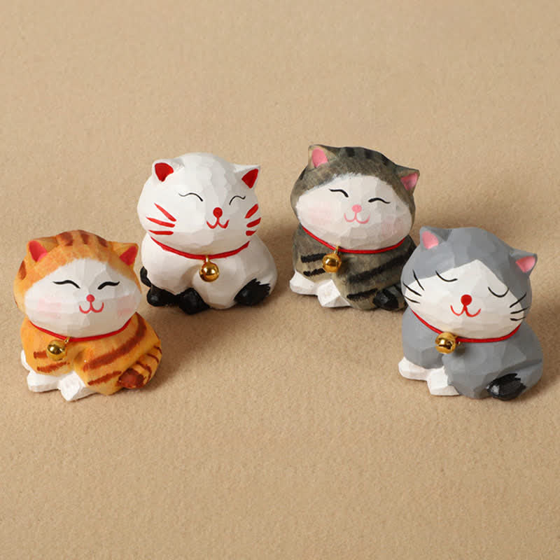 Buddha Stones Portachiavi a forma di gatto in legno naturale intagliato a mano, con motivo a bilancia. Simpatico animale decorativo. - image 0
