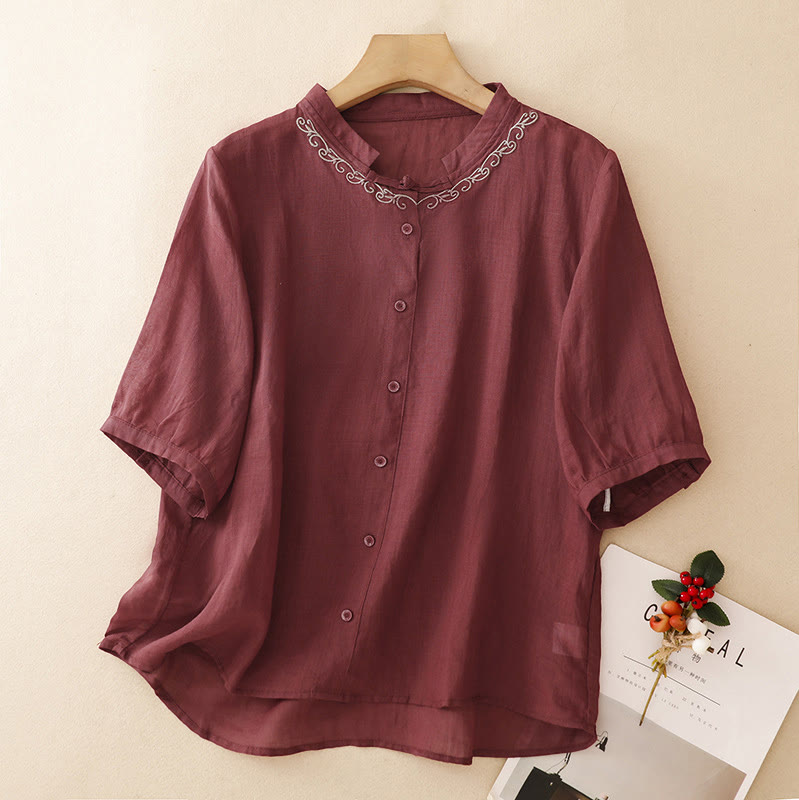 Buddha Stones Camicia da donna estiva casual ed elegante a maniche corte con scollo rotondo e bottoni, stile Tang, con ricamo a vite. - Marrone - US8-10, UK/AU12-14, EU40-42 (2XL) - image 17