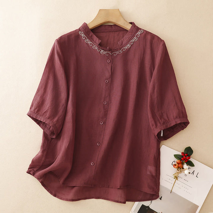 Buddha Stones Camicia da donna estiva casual ed elegante a maniche corte con scollo rotondo e bottoni, stile Tang, con ricamo a vite. - Marrone - US8-10, UK/AU12-14, EU40-42 (2XL) - image 17