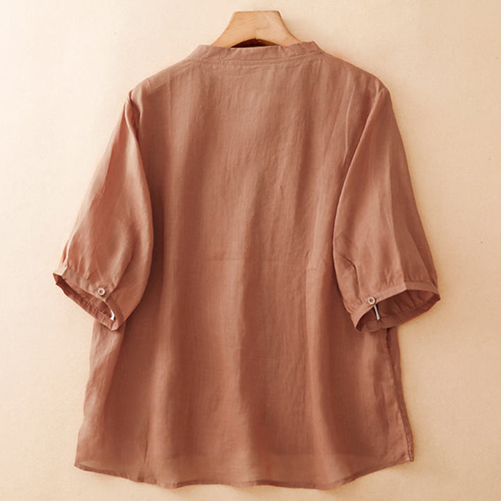 Buddha Stones Camicia da donna estiva casual ed elegante a maniche corte con scollo rotondo e bottoni, stile Tang, con ricamo a vite. - image 9