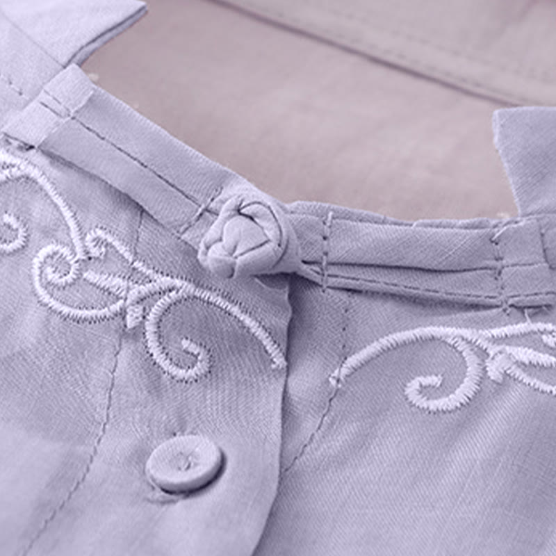 Buddha Stones Camicia da donna estiva casual ed elegante a maniche corte con scollo rotondo e bottoni, stile Tang, con ricamo a vite. - image 2