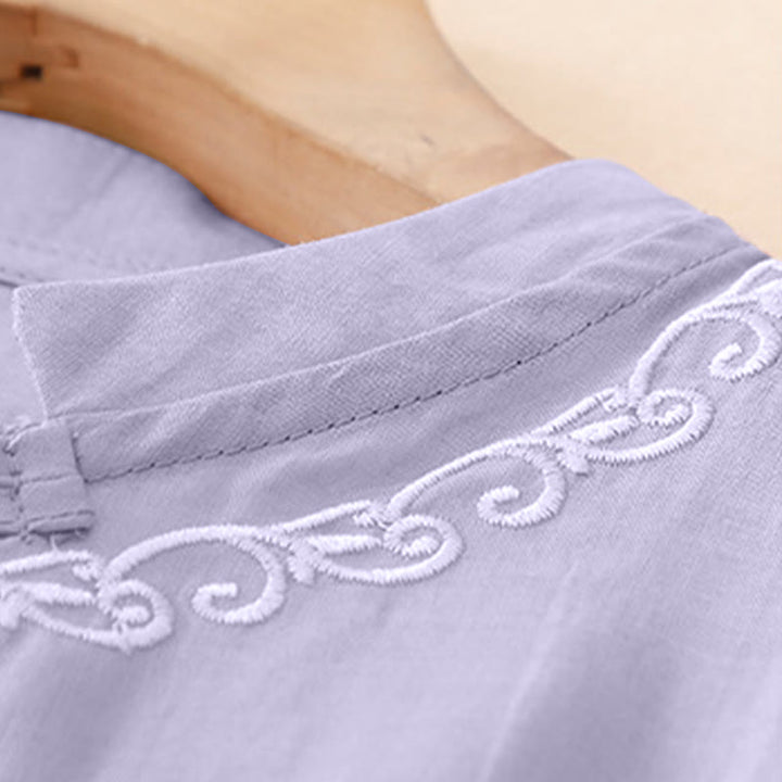 Buddha Stones Camicia da donna estiva casual ed elegante a maniche corte con scollo rotondo e bottoni, stile Tang, con ricamo a vite. - image 3