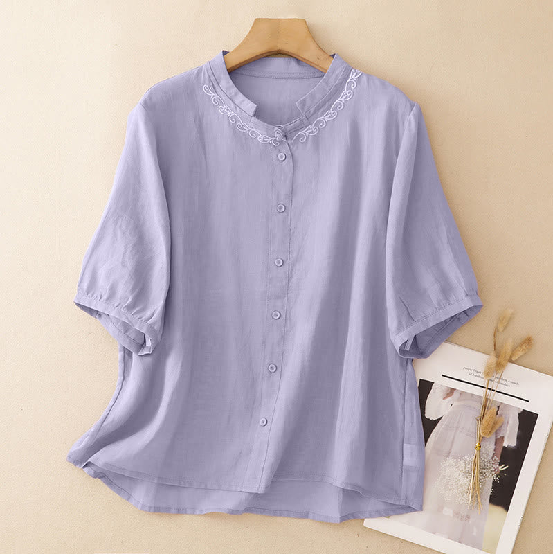 Buddha Stones Camicia da donna estiva casual ed elegante a maniche corte con scollo rotondo e bottoni, stile Tang, con ricamo a vite. - Cardo - US8-10, UK/AU12-14, EU40-42 (2XL) - image 0