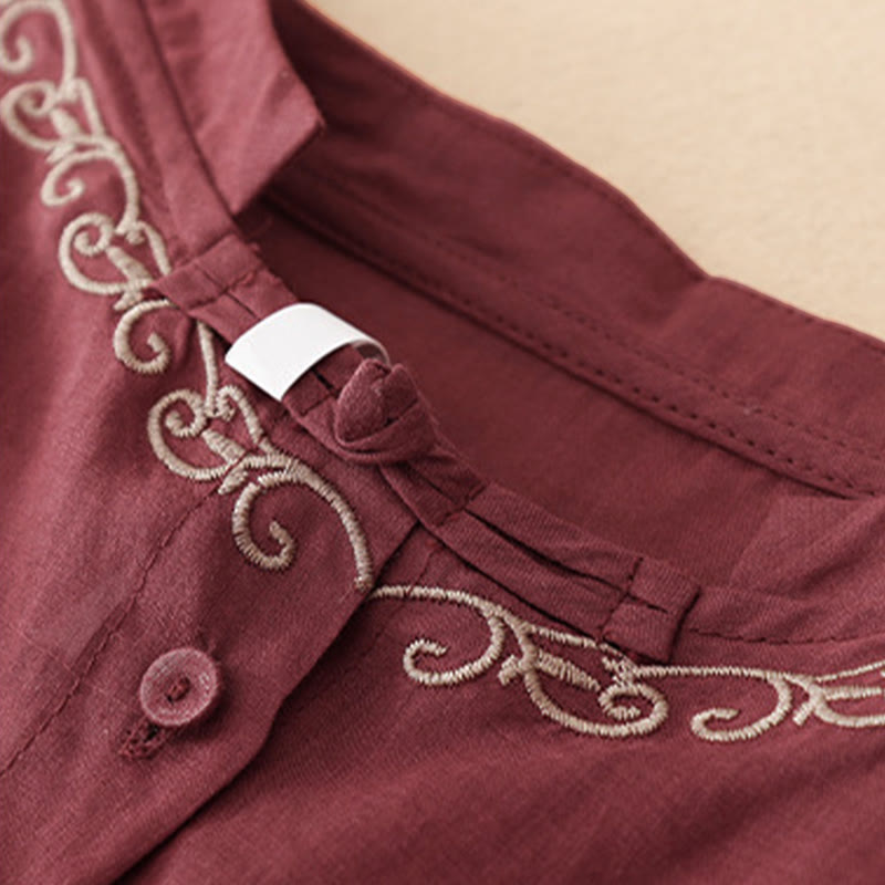 Buddha Stones Camicia da donna estiva casual ed elegante a maniche corte con scollo rotondo e bottoni, stile Tang, con ricamo a vite. - image 19