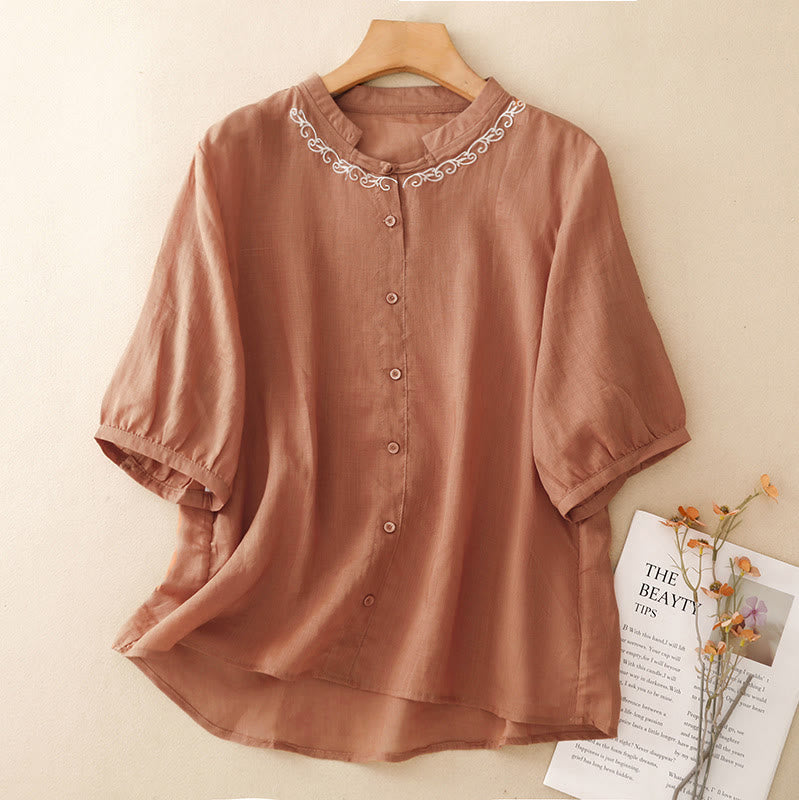 Buddha Stones Camicia da donna estiva casual ed elegante a maniche corte con scollo rotondo e bottoni, stile Tang, con ricamo a vite. - Salmone scuro - US8-10, UK/AU12-14, EU40-42 (2XL) - image 8