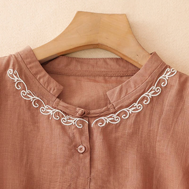 Buddha Stones Camicia da donna estiva casual ed elegante a maniche corte con scollo rotondo e bottoni, stile Tang, con ricamo a vite. - image 10