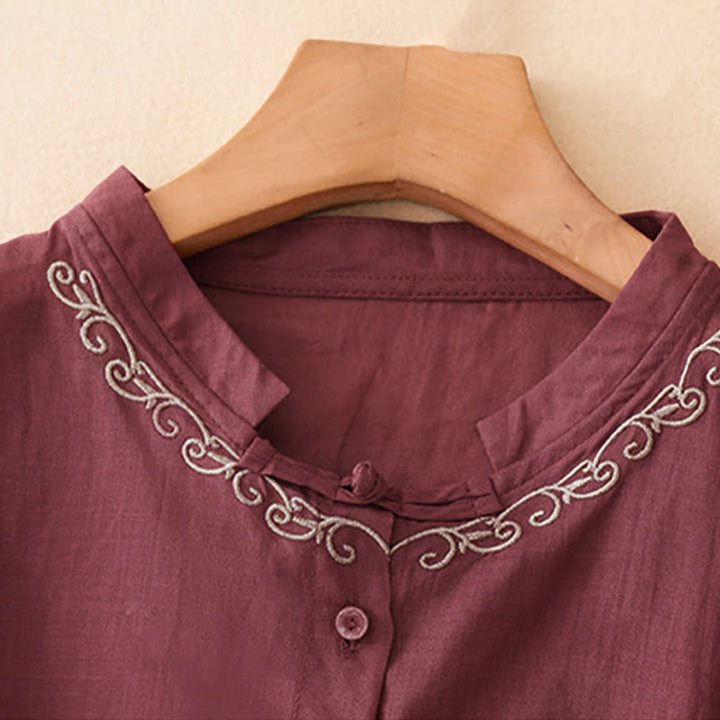 Buddha Stones Camicia da donna estiva casual ed elegante a maniche corte con scollo rotondo e bottoni, stile Tang, con ricamo a vite. - image 18
