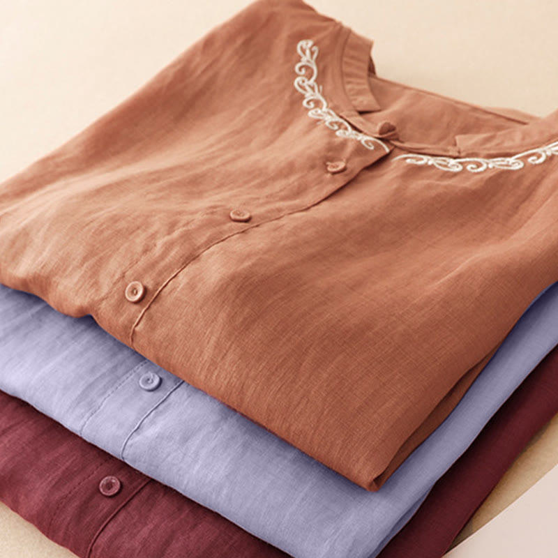 Buddha Stones Camicia da donna estiva casual ed elegante a maniche corte con scollo rotondo e bottoni, stile Tang, con ricamo a vite. - image 26