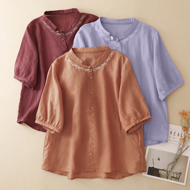 Buddha Stones Camicia da donna estiva casual ed elegante a maniche corte con scollo rotondo e bottoni, stile Tang, con ricamo a vite. - image 25