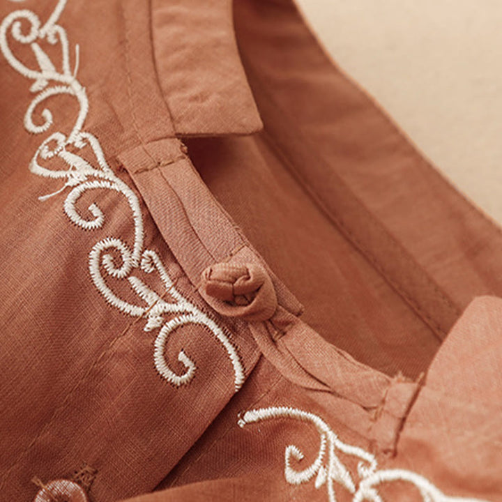 Buddha Stones Camicia da donna estiva casual ed elegante a maniche corte con scollo rotondo e bottoni, stile Tang, con ricamo a vite. - image 11