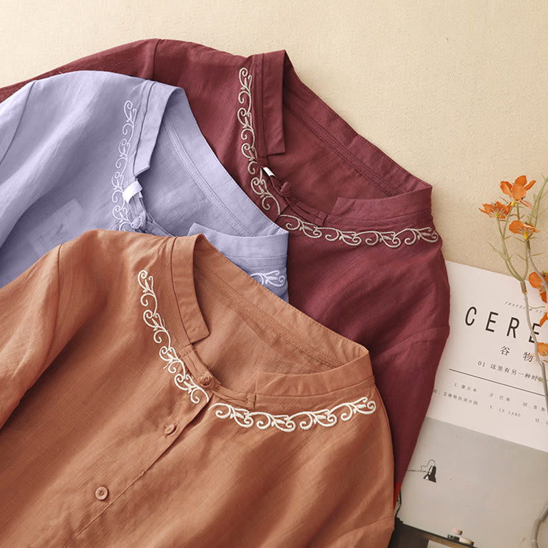 Buddha Stones Camicia da donna estiva casual ed elegante a maniche corte con scollo rotondo e bottoni, stile Tang, con ricamo a vite. - image 27