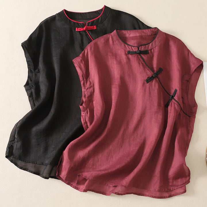 Buddha Stones Canotta da donna estiva stile Tang, casual, con bottoni a rana, tinta unita, senza maniche - image 17