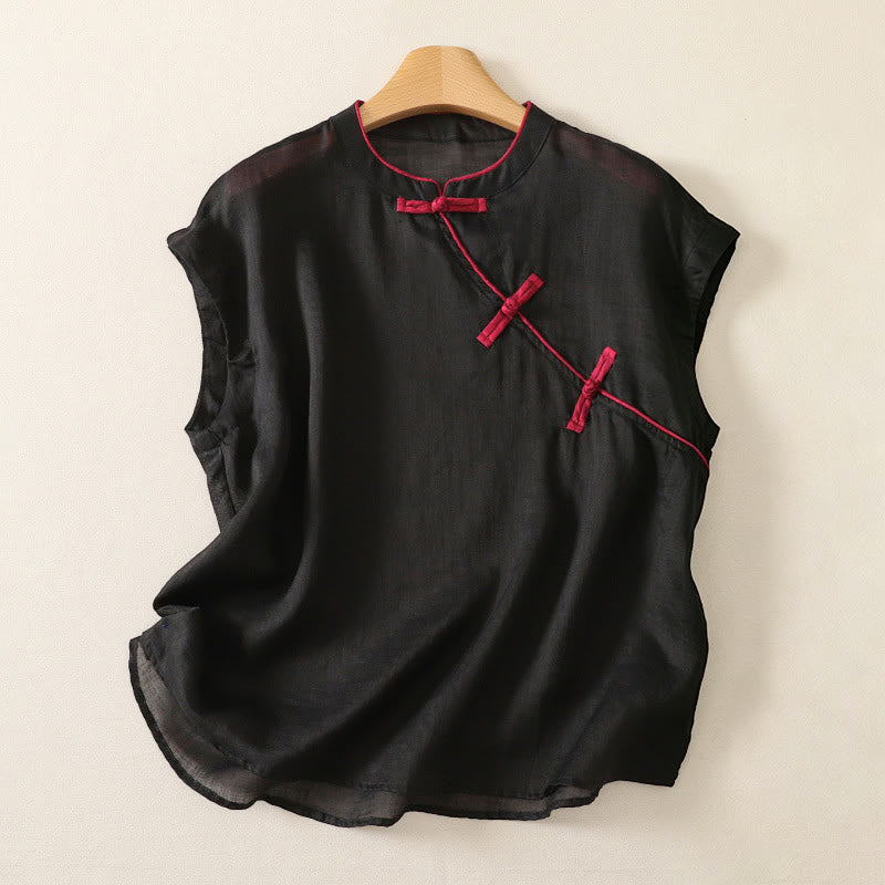Buddha Stones Canotta da donna estiva stile Tang, casual, con bottoni a rana, tinta unita, senza maniche - Nero - US12, UK/AU16, EU44 (2XL) - image 0