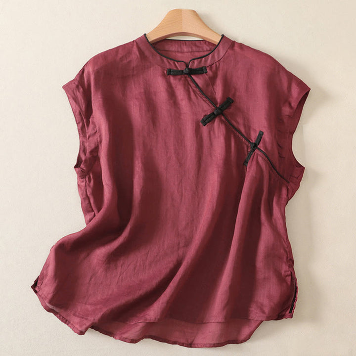 Buddha Stones Canotta da donna estiva stile Tang, casual, con bottoni a rana, tinta unita, senza maniche - Marrone - US12, UK/AU16, EU44 (2XL) - image 6