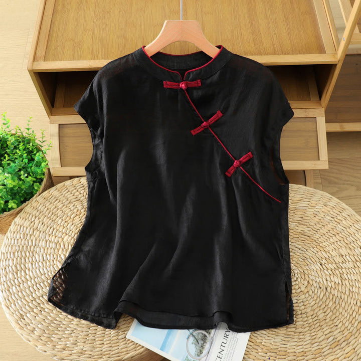 Buddha Stones Canotta da donna estiva stile Tang, casual, con bottoni a rana, tinta unita, senza maniche - image 1