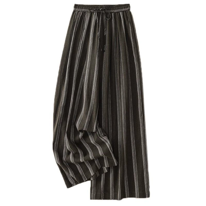 Buddha Stones Pantaloni lunghi estivi casual minimalisti con coulisse a righe da donna, gamba larga con tasca - image 1