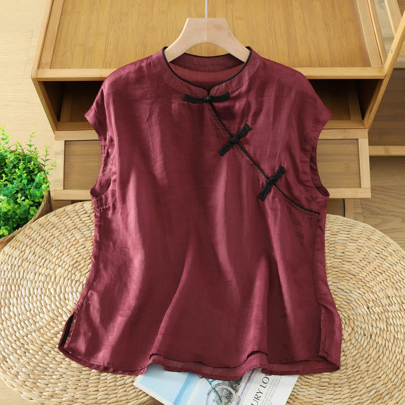 Buddha Stones Canotta da donna estiva stile Tang, casual, con bottoni a rana, tinta unita, senza maniche - image 8
