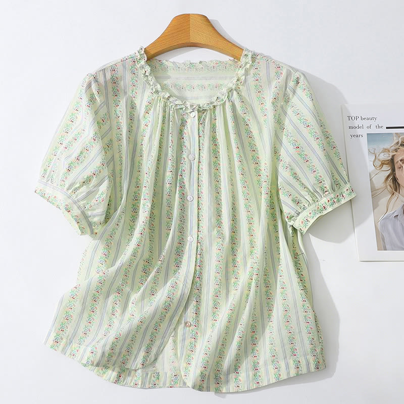 Buddha Stones Camicia da donna estiva casual ed elegante a maniche corte con scollo rotondo e stampa floreale a righe, con bottoni. - Beige - US12, UK/AU16, EU44 (2XL) - image 19